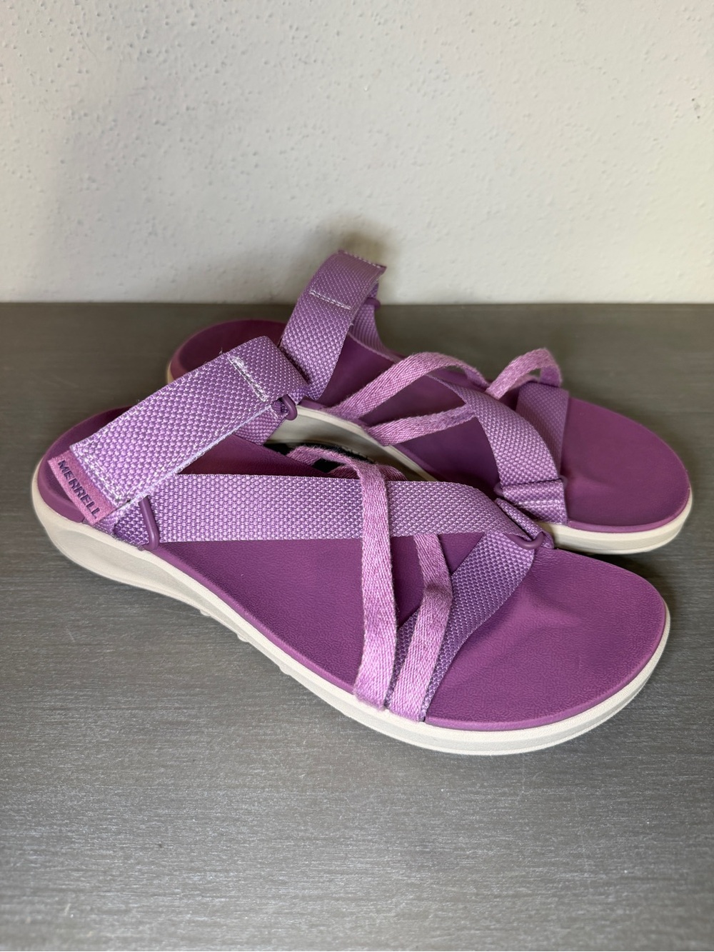 Women's Merrell District 4 Mendi Strap Sandals Slip On Wedge Purple Sz 10